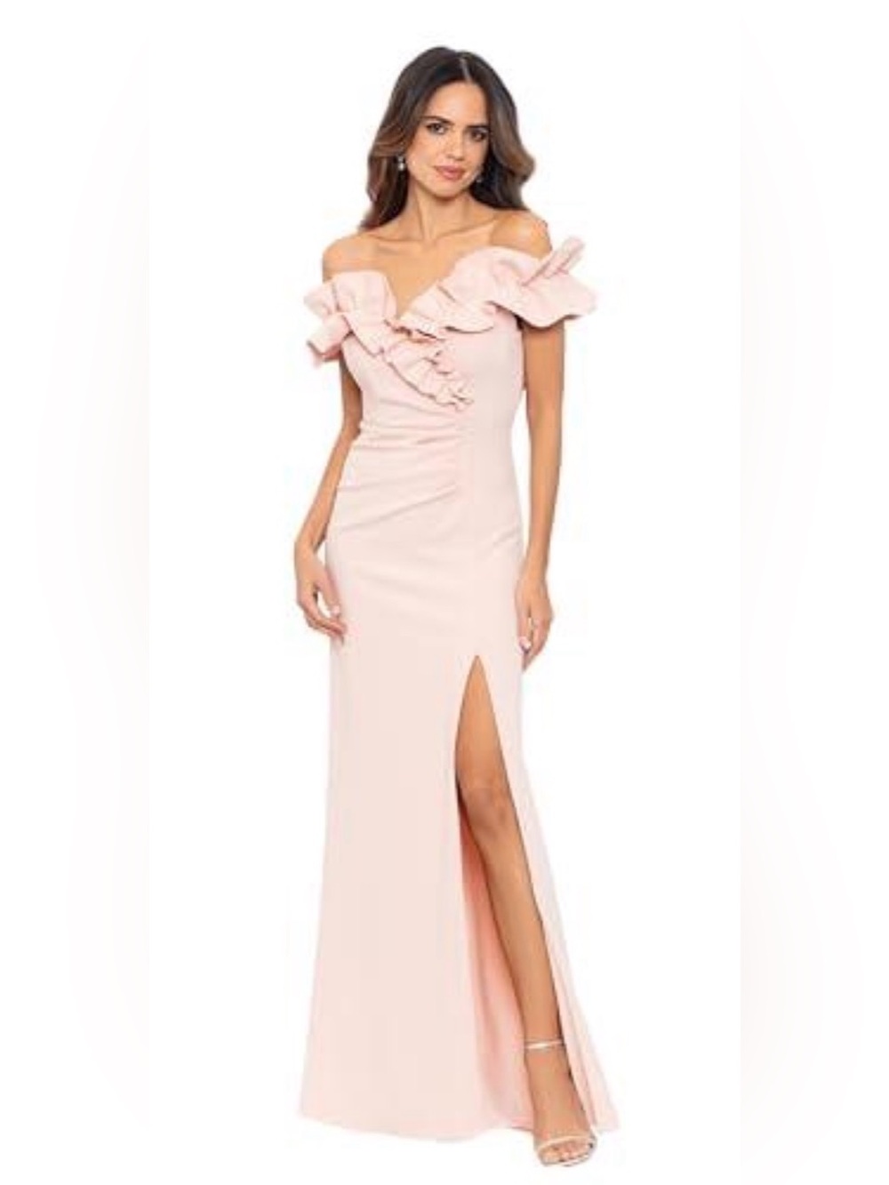 NWT- Xscape Women's Long
Stretch Scuba Crepe Ruffle Collar
Ruched Dress